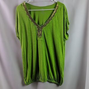 Izod Green With Copper Beading Short Sleeve Top L